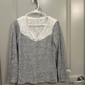 NAF NAF Gray Long Sleeve Blouse with white lace panel.